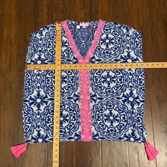 LILLY PULITZER Sydney Caftan Top Blue Floral Sleeveless Vacay - Picture 11 of 11